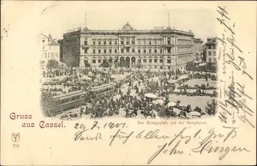 Ak Kassel in Hessen, Königsplatz mit Hauptpost, Straßenbahn