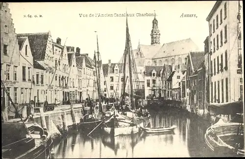 Ak Antwerpen Anvers Flandern, Vue de l´Ancien Canal aux Charbons, Schiffe, Kirchturm