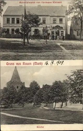 Ak Rauen in der Mark, Kolonialwarenhandlung, Kirche