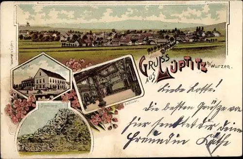 Litho Lüptitz Lossatal Sachsen, Gasthof, Ballsaal, Spitzberg, Gesamtansicht