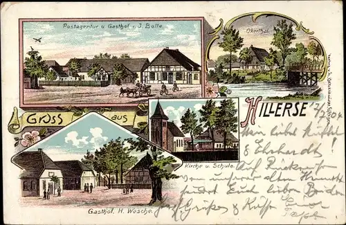 Litho Hillerse im Kreis Gifhorn, Gasthof Bolle, Gasthaus Wesche, Okertal, Kirche, Schule