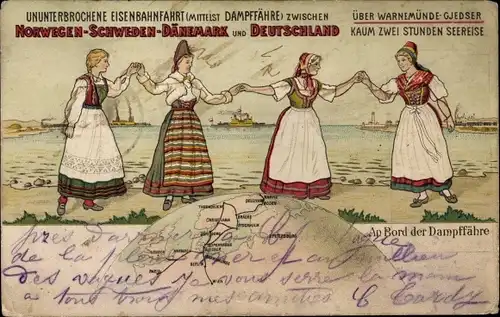Litho Dampffähre zwischen Norwegen Schweden Dänemark Deutschland, Frauen in Trachten