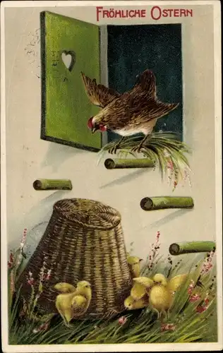 Präge Litho Glückwunsch Ostern, Huhn kommt aus dem Hühnerhaus, Küken