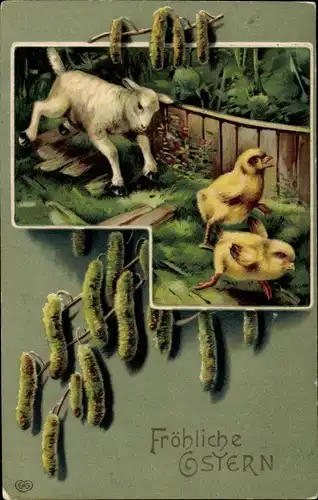 Präge Litho Glückwunsch Ostern, Lamm jagt zwei Küken