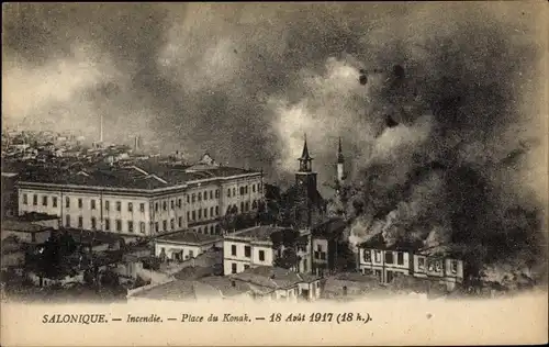 Ak Thessaloniki Griechenland, Incendie, Place du Konak, 1917