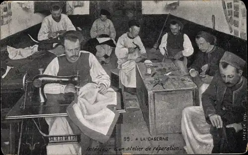 Ak A la Caserne, Intérieur d'un atelier de réparation, Singer Nähmaschine, Schuster