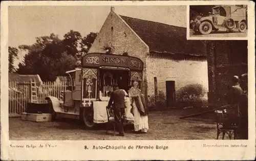 Ak Auto Chapelle de l'Armee Belge, messe celebree dans l'auto chapelle offerte a la reine Elisabeth