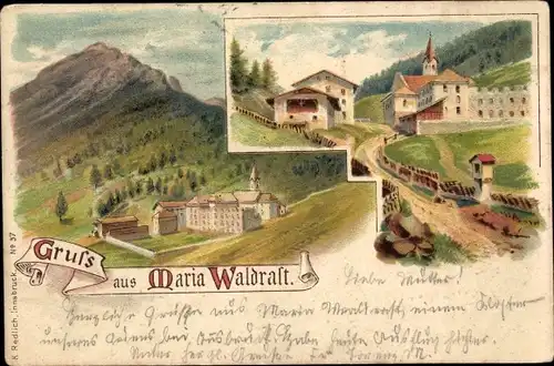 Litho Mühlbach in Tirol Österreich, Blick auf das Kloster Maria Waldrast