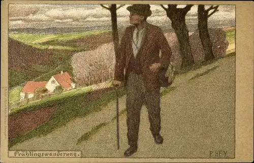 Künstler Ak Hey, P., Frühlingswanderung, Mann mit Gehstock