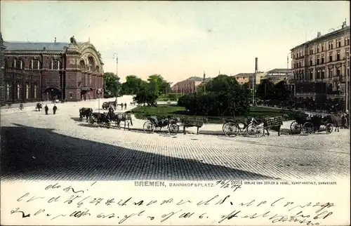 Ak Hansestadt Bremen, Bahnhofsplatz, Kutschen