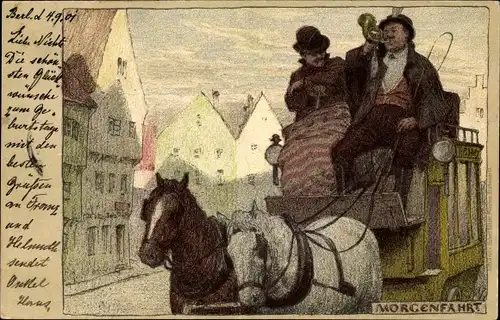 Künstler Ak Hey, P., Morgenfahrt, Postkutsche, Posthorn