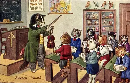 Ak Katzen als Musiklehrer und Schüler im Unterricht, Singen, Geige