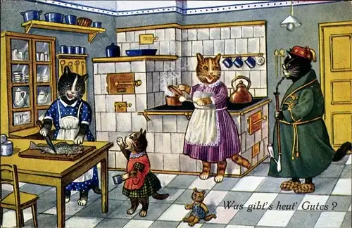 Künstler Ak Was gibt's heute Gutes, vermenschlichte Katzen, Köchin, Kater raucht Pfeife