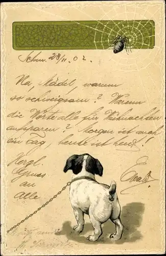 Präge Litho Hund, Gassi, Spinne, Spinnennetz