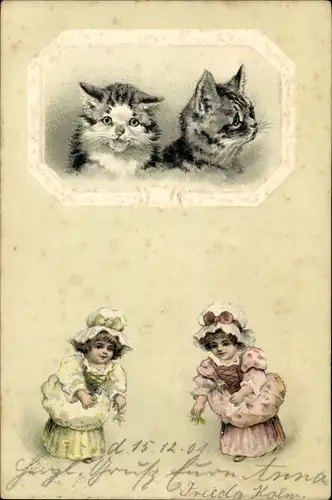 Präge Litho Zwei Katzen, Portrait, Mädchen