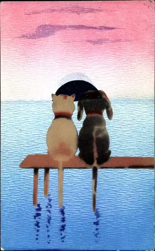 Ak Hund und Katze am Meer, Brücke, Sonnenuntergang