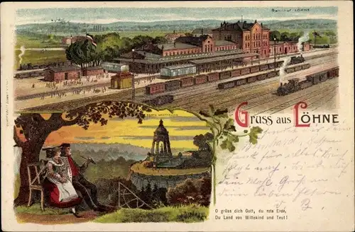 Litho Löhne in Westfalen, Bahnhof, Gleisseite, Porta Westfalen, Paar in Trachten