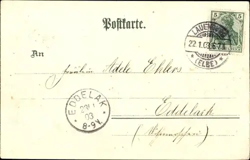 Litho Lauenburg an der Elbe, Flusspartie mit Dampfern