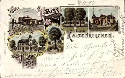 Litho Kaltenkirchen im Kreis Segeberg, Bahnhof, Gleisseite, Wulfs Gasthaus, Apotheke