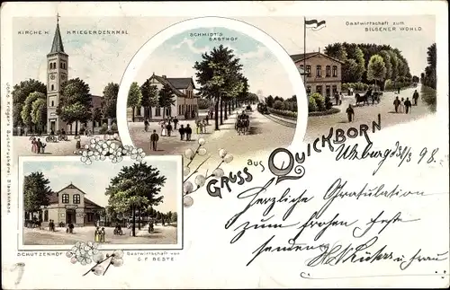 Litho Quickborn in Schleswig Holstein, Kirche, Kriegerdenkmal, Schützenhof, Schmidts Gasthof