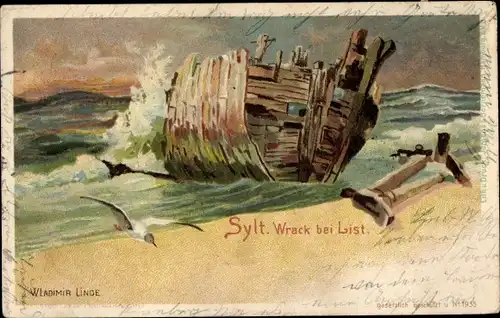 Künstler Litho Linde, Wladimir, List auf Sylt, Wrack am Strand, Möwen