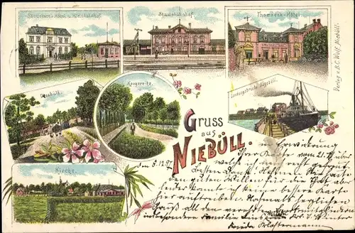 Litho Niebüll in Nordfriesland, Staatsbahnhof Gleisseite, Landungsbrücke Dagebüll, Thamsons Hotel