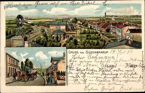 Litho Süderbrarup in Schleswig Holstein, Totalansicht, Windrad, Straßenpartie, Bahnhof