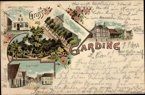 Litho Garding in Nordfriesland, Osterstraße, Enge Straße, Kirche, Geburtshaus Th. Mommsen