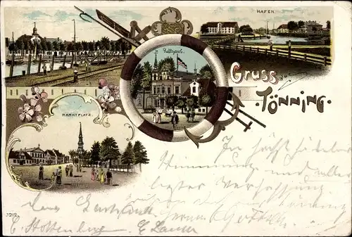 Litho Tönning Schleswig Holstein, Hafen, Rathaus, Marktplatz