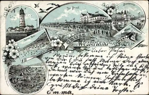 Litho Westerland auf Sylt, Leuchtturm, Munkmarsch, Strandstraße, Herrenbad