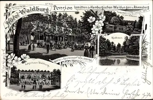 Litho Ahrensburg in Holstein, Hotel Waldburg, Logierhaus, Park, Karpfenteich