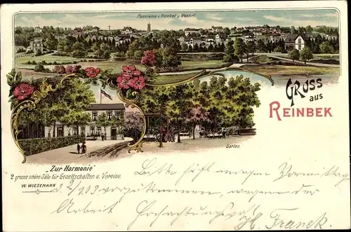 Litho Reinbek in Schleswig Holstein, Gasthaus Zur Harmonie, Blick auf den Ort