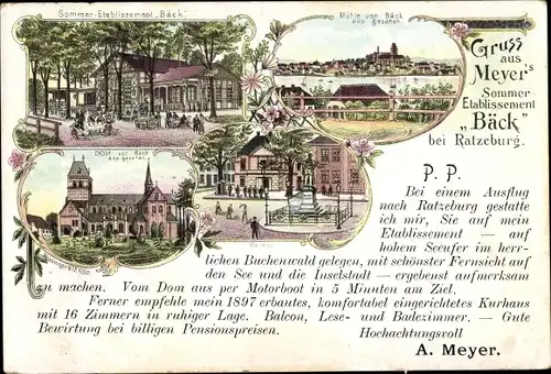 Litho Bäk in Schleswig Holstein, Meyer's Sommeretablissement Bäck, Mühle, Dom
