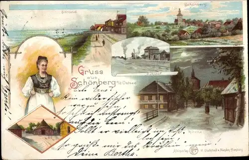 Litho Ostseebad Schönberg in Holstein, Frau in Tracht, Kirche, Bahnhof, Gleisseite, Strand