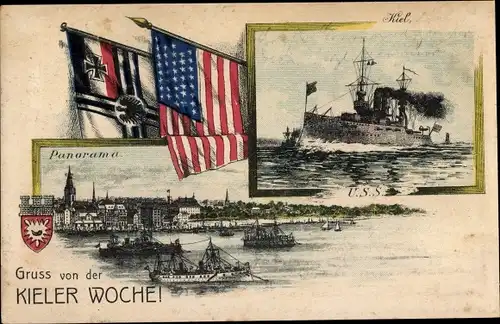 Litho Kiel in Schleswig Holstein, US Amerikanisches Kriegsschiff, Kieler Woche, Panorama
