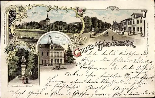 Litho Ahrensbök in Ostholstein, Kirche, Post, Kaiser Wilhelm I. Denkmal