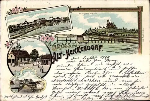 Litho Altheikendorf Heikendorf an der Kieler Förde, Strandpartie mit Villa, Dorfstraße