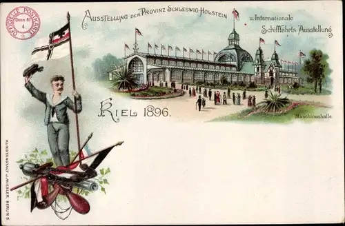 Litho Kiel in Schleswig Holstein, Internationale Schifffahrts Ausstellung 1896, Seemann mit Fahne