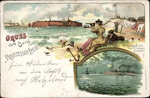 Litho Nordseeinsel Helgoland, Dampfer Prinzessin Heinrich, Heimkehr, Blick von der Düne
