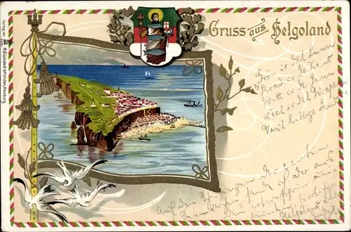 Präge Passepartout Wappen Litho Helgoland, Gesamtansicht der Insel, Hafen