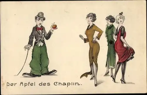 Ak Schauspieler Charlie Chaplin, Der Apfel des Chaplin, drei Frauen