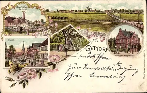 Litho Gettorf in Schleswig Holstein, Amtsgericht, Kaiser Wilhelm Denkmal, Bismarckdenkmal