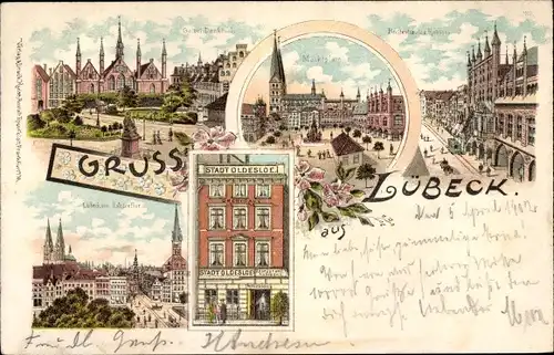 Litho Lübeck in Schleswig Holstein, Hotel Stadt Oldesloe, Breitestraße, Marktplatz