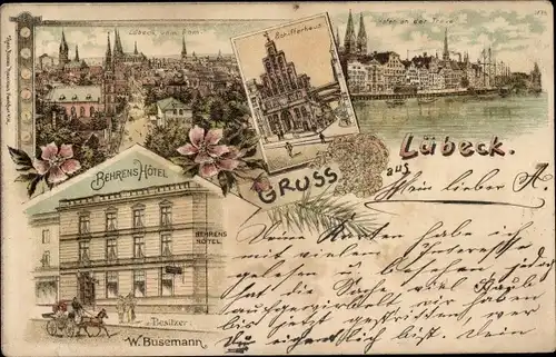 Litho Lübeck in Schleswig Holstein, Behrens Hotel, Tavepartie, Schifferhaus, Blick vom Dom