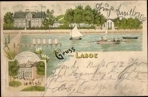 Litho Ostseebad Laboe, Hotel Seegarten, Ruderboot, Segelboot