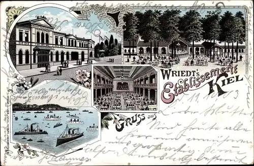 Litho Kiel in Schleswig Holstein, Wriedt's Etablissement, Gartenlokal, Hafen