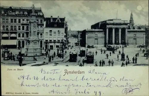 Mondschein Ak Amsterdam Nordholland Niederlande, Dam en Beurs, Straßenbahn