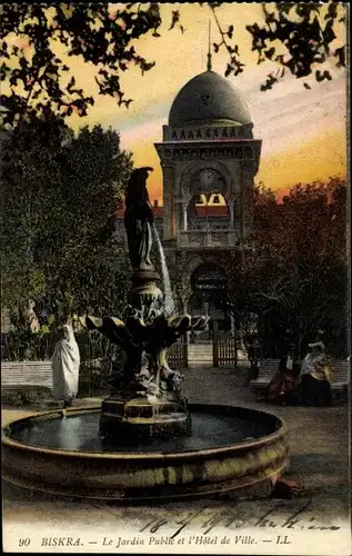 Ak Biskra Algerien, Le Jardin Public et l'Hotel de Ville, Brunnen, Rathaus