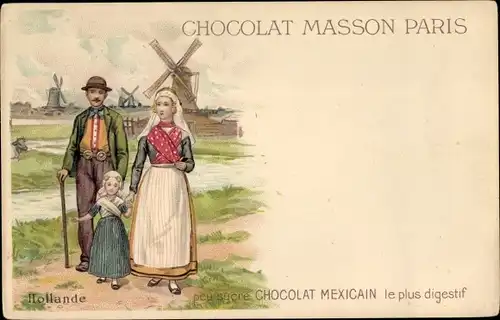 Litho Familie in niederländischer Tracht, Windmühlen, Chocolat Masson Paris, Chocolat Mexicain