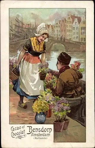 Ak Werbung Cacao et Chocolat, Bensdorp, Mädchen in niederländischer Tracht, Blumen